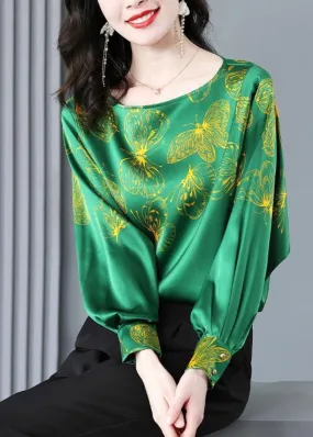 2022 Green O-Neck Butterfly Print Silk Tops Long sleeve