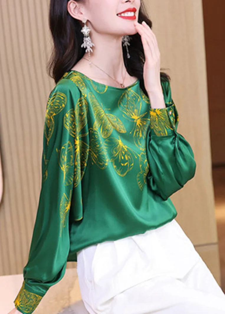 2022 Green O-Neck Butterfly Print Silk Tops Long sleeve