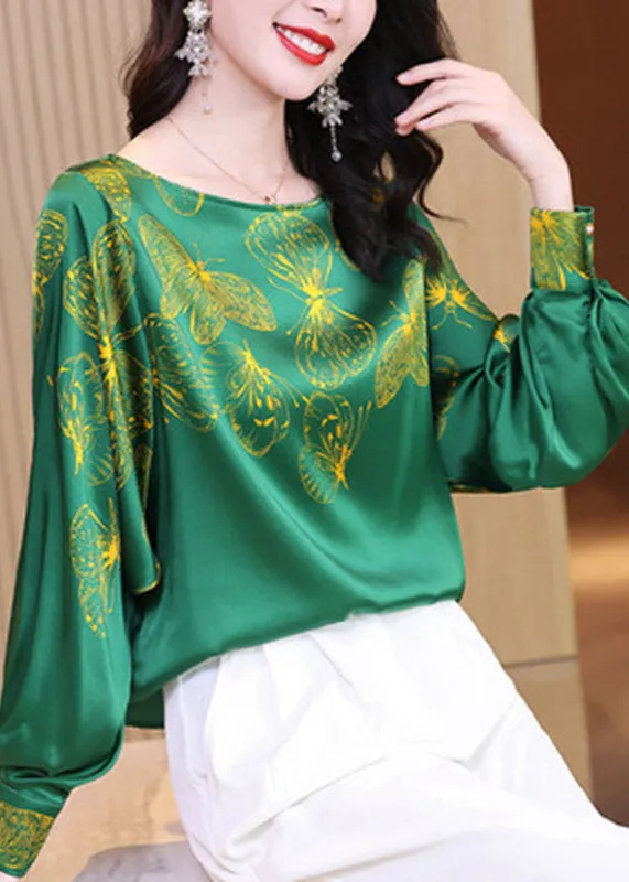 2022 Green O-Neck Butterfly Print Silk Tops Long sleeve