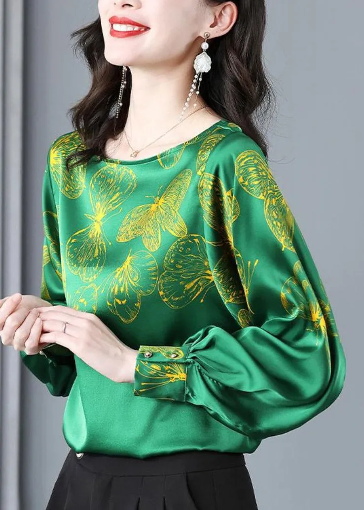 2022 Green O-Neck Butterfly Print Silk Tops Long sleeve