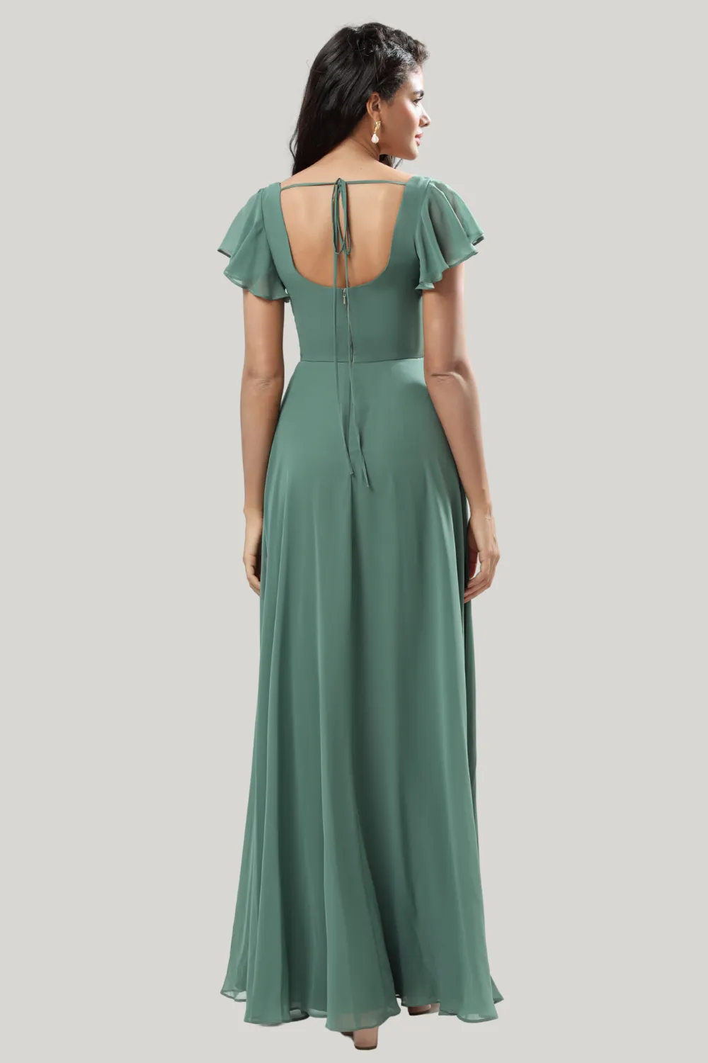 A-Line Eucalyptus Square Neck Ruffles Maxi Dress with Slit