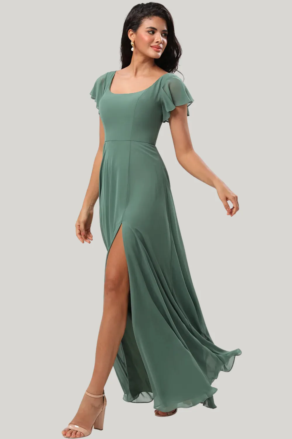 A-Line Eucalyptus Square Neck Ruffles Maxi Dress with Slit