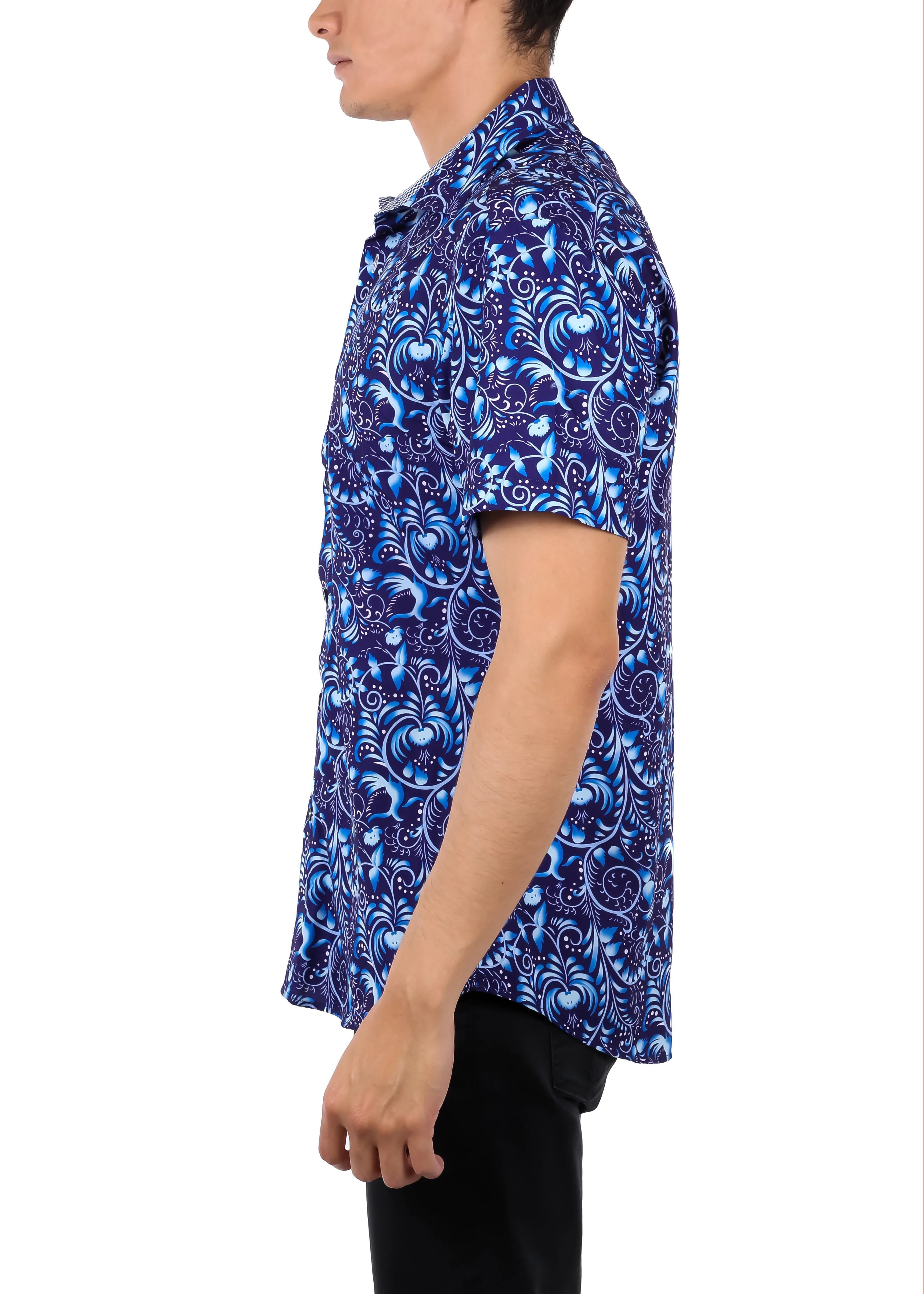 Abstract Vine Pattern Short Sleeve Dress Shirt Navy