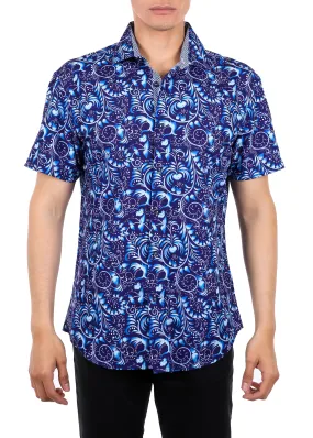 Abstract Vine Pattern Short Sleeve Dress Shirt Navy