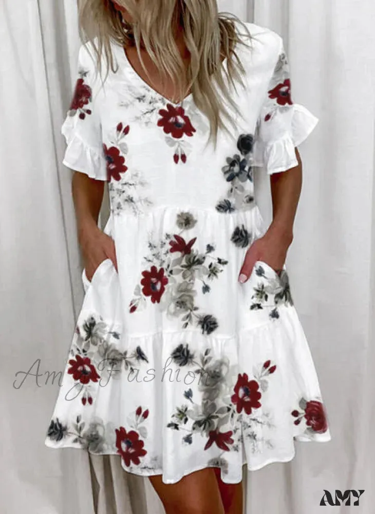 Amy Fashion - Short Sleeve Floral Print Ruffled Pocket Dresses