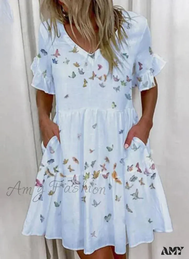 Amy Fashion - Short Sleeve Floral Print Ruffled Pocket Dresses