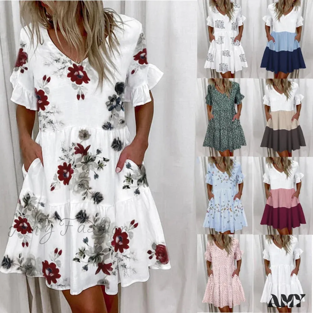 Amy Fashion - Short Sleeve Floral Print Ruffled Pocket Dresses