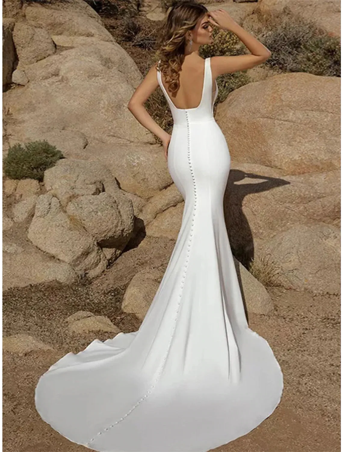 Beach Open Back Casual Wedding Dresses Mermaid / Trumpet Square Neck Sleeveless Court Train Stretch Fabric Bridal Gowns With Buttons Solid Color Summer Wedding Party