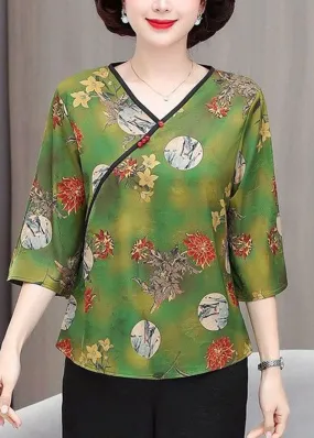 Beautiful Green V Neck Print Button Silk Tops Summer TI1003