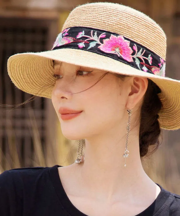 Beautiful Rose Embroideried Straw Woven Beach Floppy Sun Hat