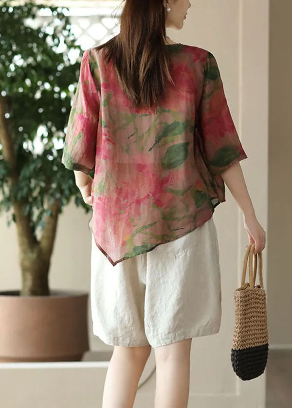 Beautiful Rose O Neck Print Button Patchwork Linen Blouses Tops Summer LY7894