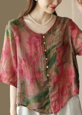 Beautiful Rose O Neck Print Button Patchwork Linen Blouses Tops Summer LY7894