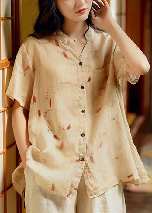 Beige Pockets Patchwork Linen Tops V Neck Short Sleeve ML2382