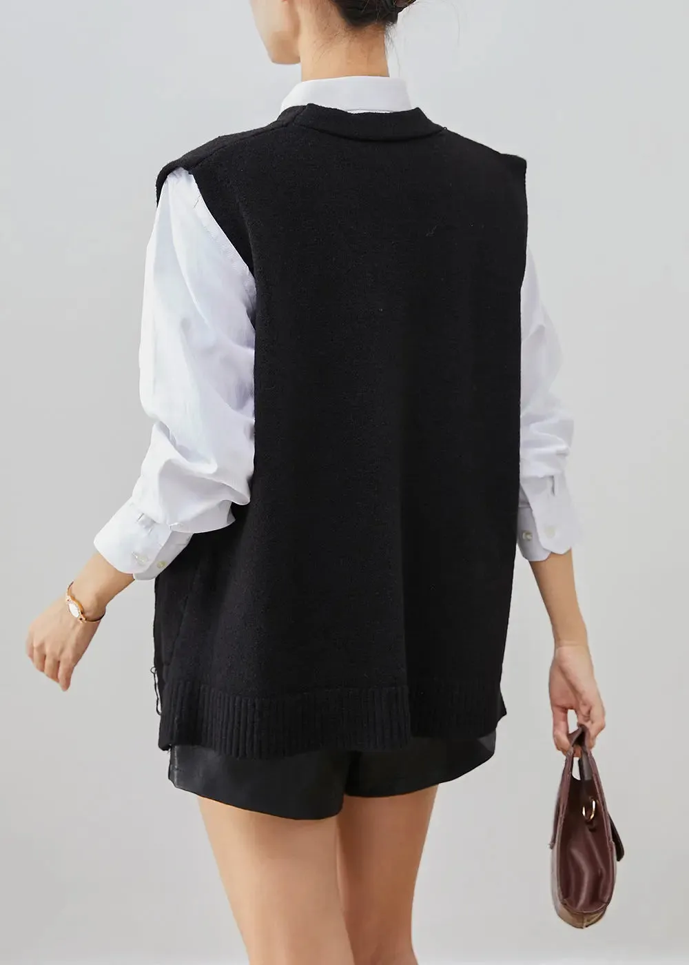 Black Applique Thick Knit Vest Tops