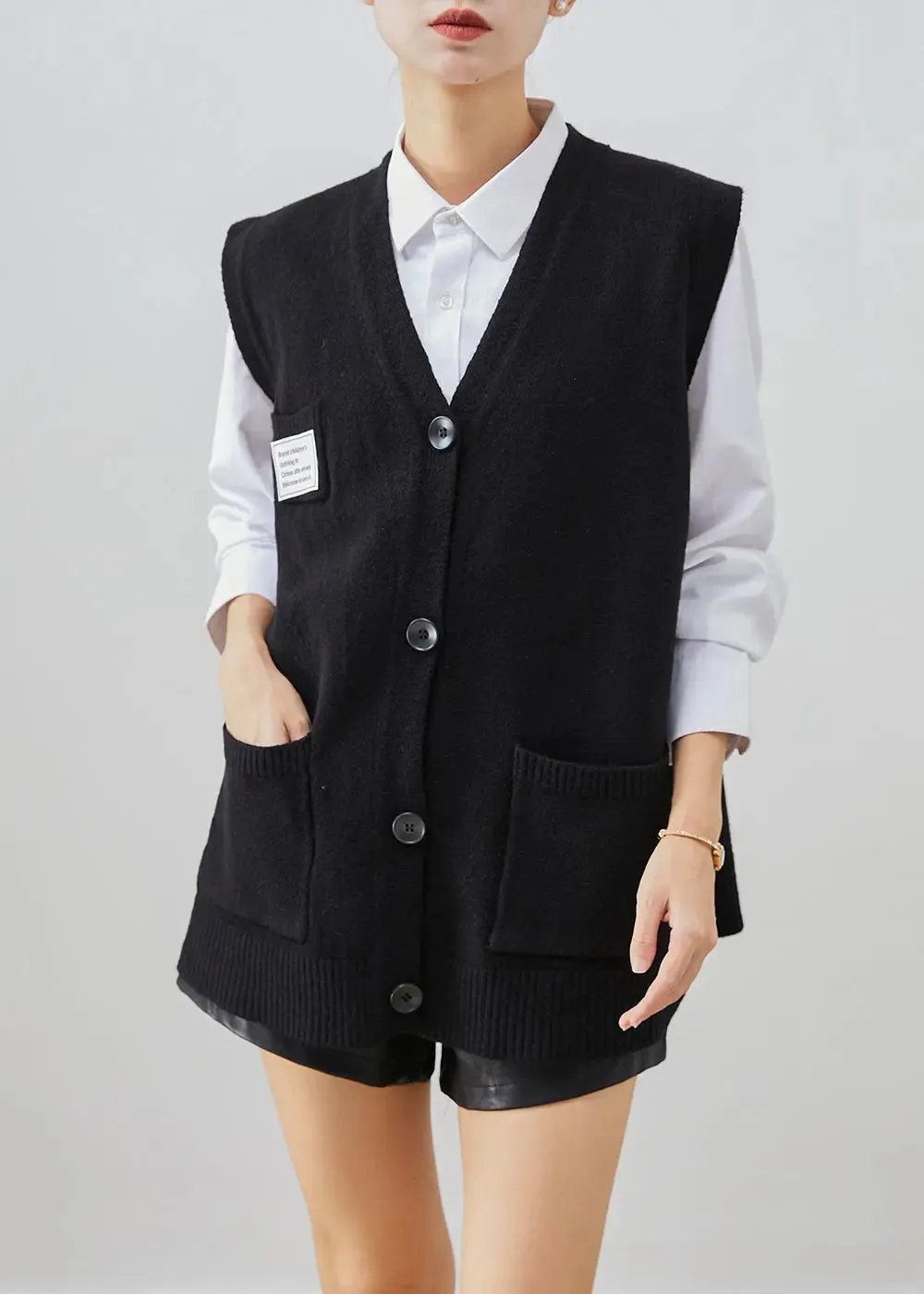 Black Applique Thick Knit Vest Tops