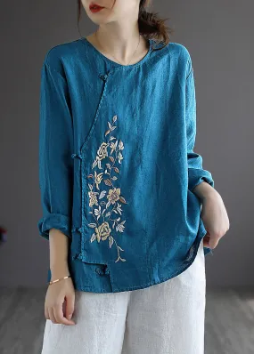 Blue Loose Linen Shirt Tops Embroideried Long Sleeve