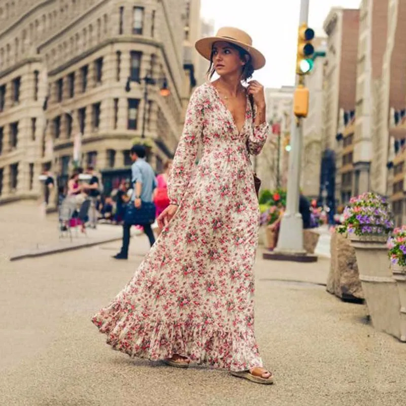 Bohemian Deep V-neck Floral Print Ruffle Long Beach Dress