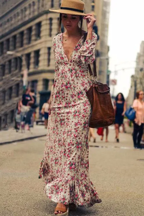 Bohemian Deep V-neck Floral Print Ruffle Long Beach Dress