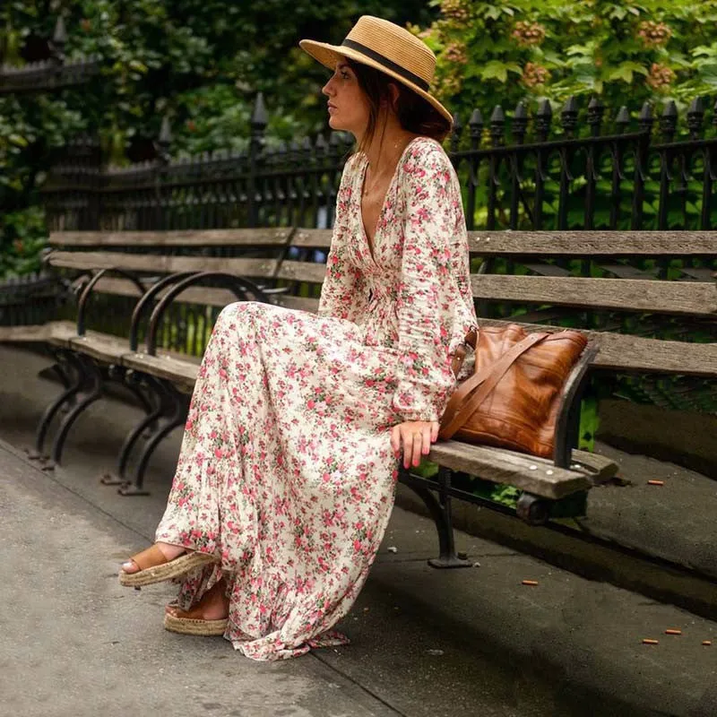 Bohemian Deep V-neck Floral Print Ruffle Long Beach Dress