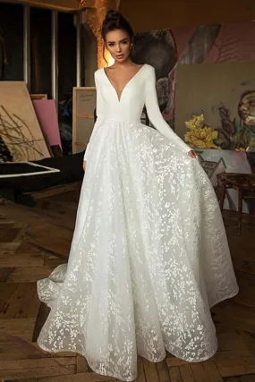 Boho A-line V-neck Lace Long Sleeves Wedding Dresses With Sweep Train, SW488