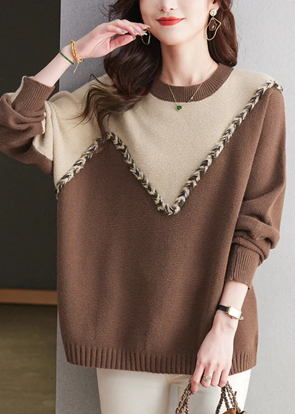 Casual Black O Neck Patchwork Woolen Knit Sweaters Spring TQ025