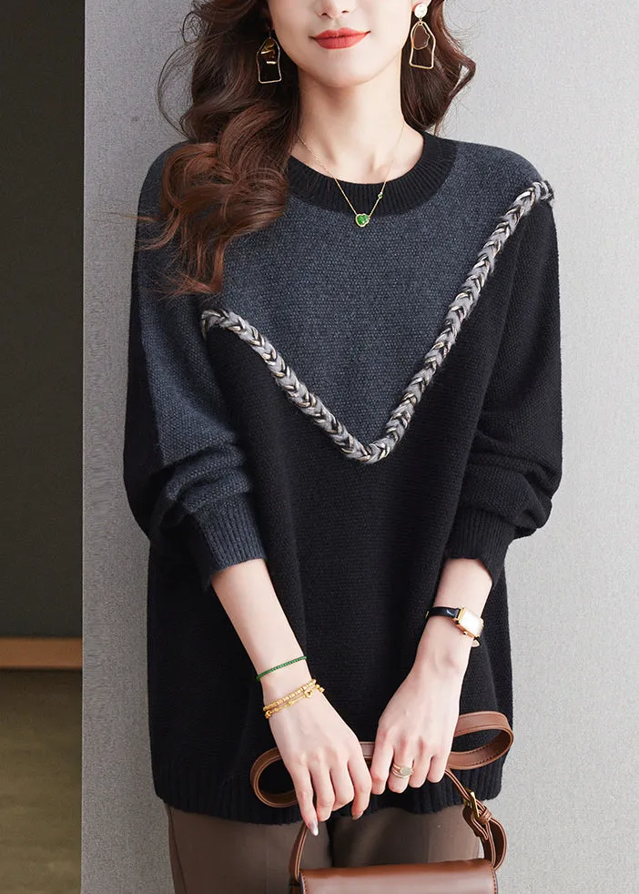 Casual Black O Neck Patchwork Woolen Knit Sweaters Spring TQ025