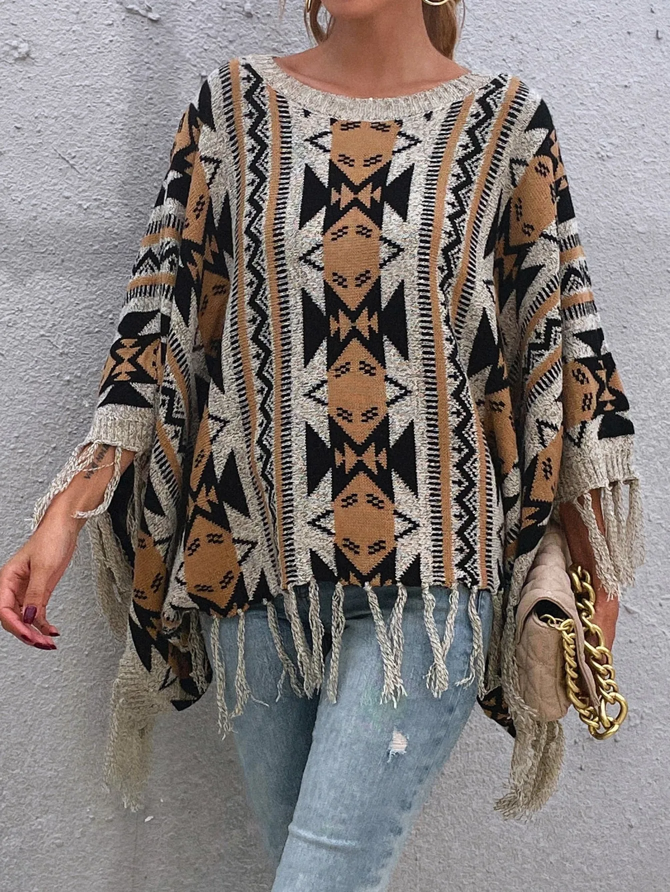 Casual Geometric Fringe Long Sleeve Round Neck Regular Women Sweater