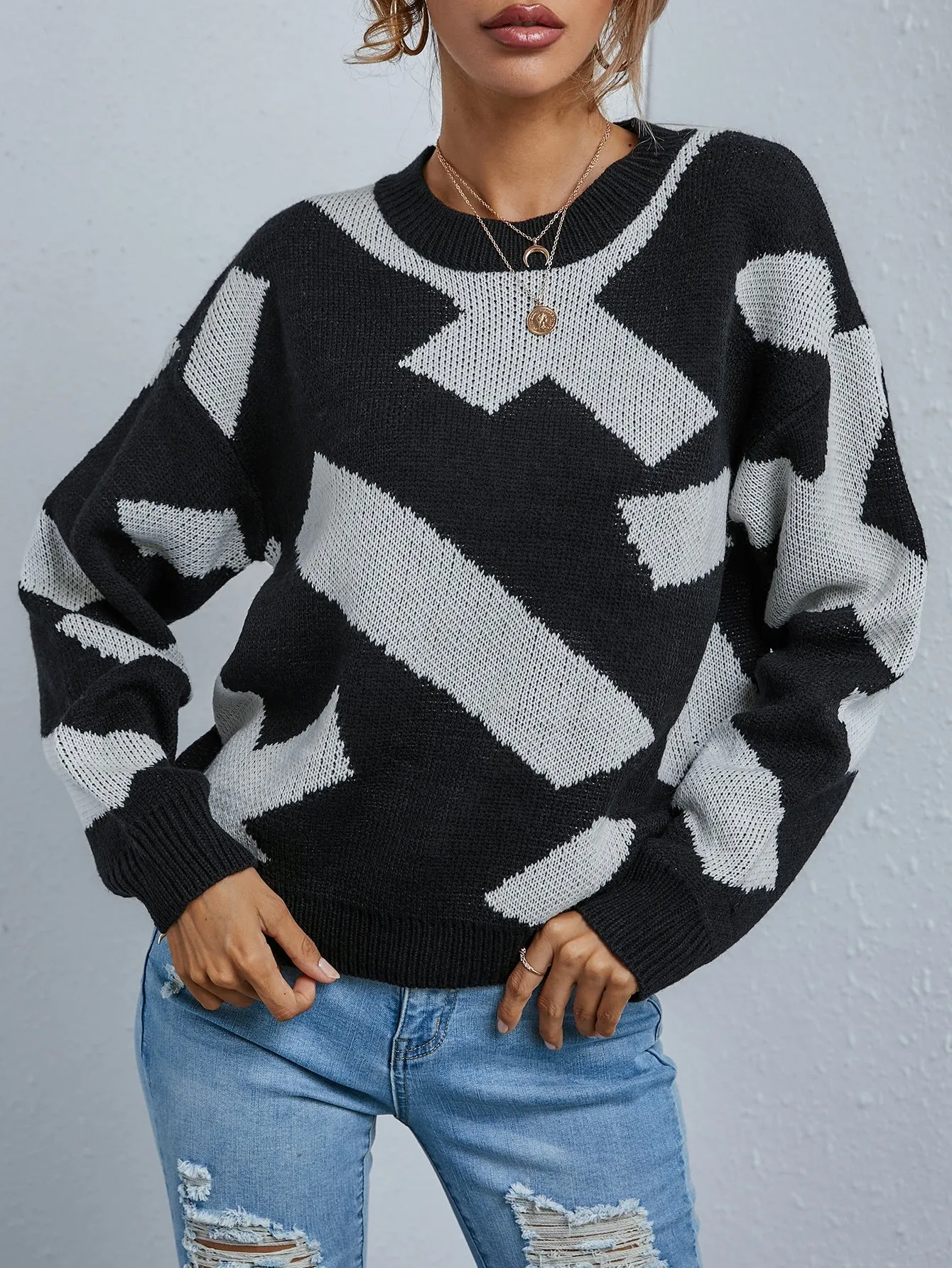 Casual Geometric Long Sleeve Round Neck Regular Women Sweater