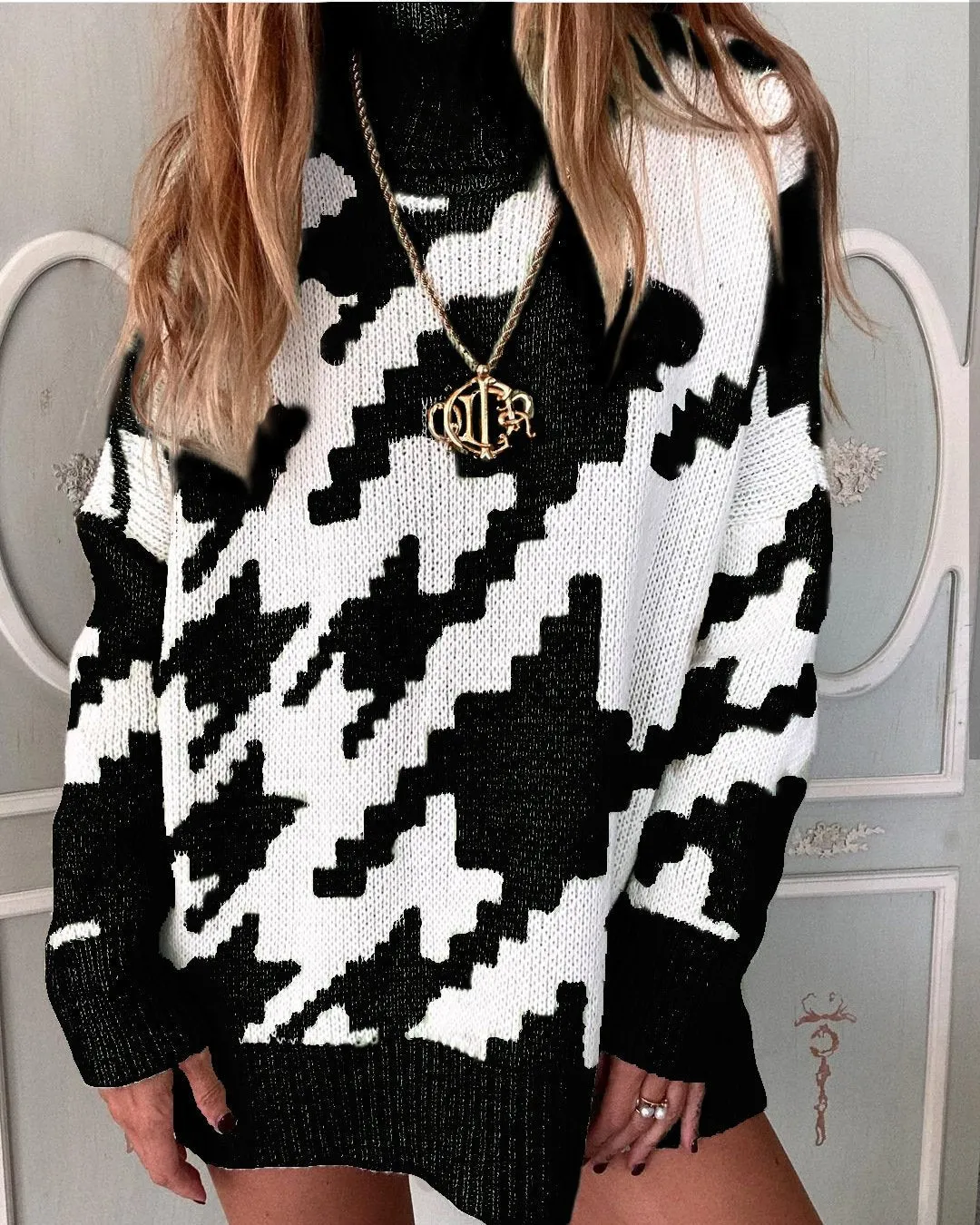 Casual Knitting Plaid Women Hoody Sweaters