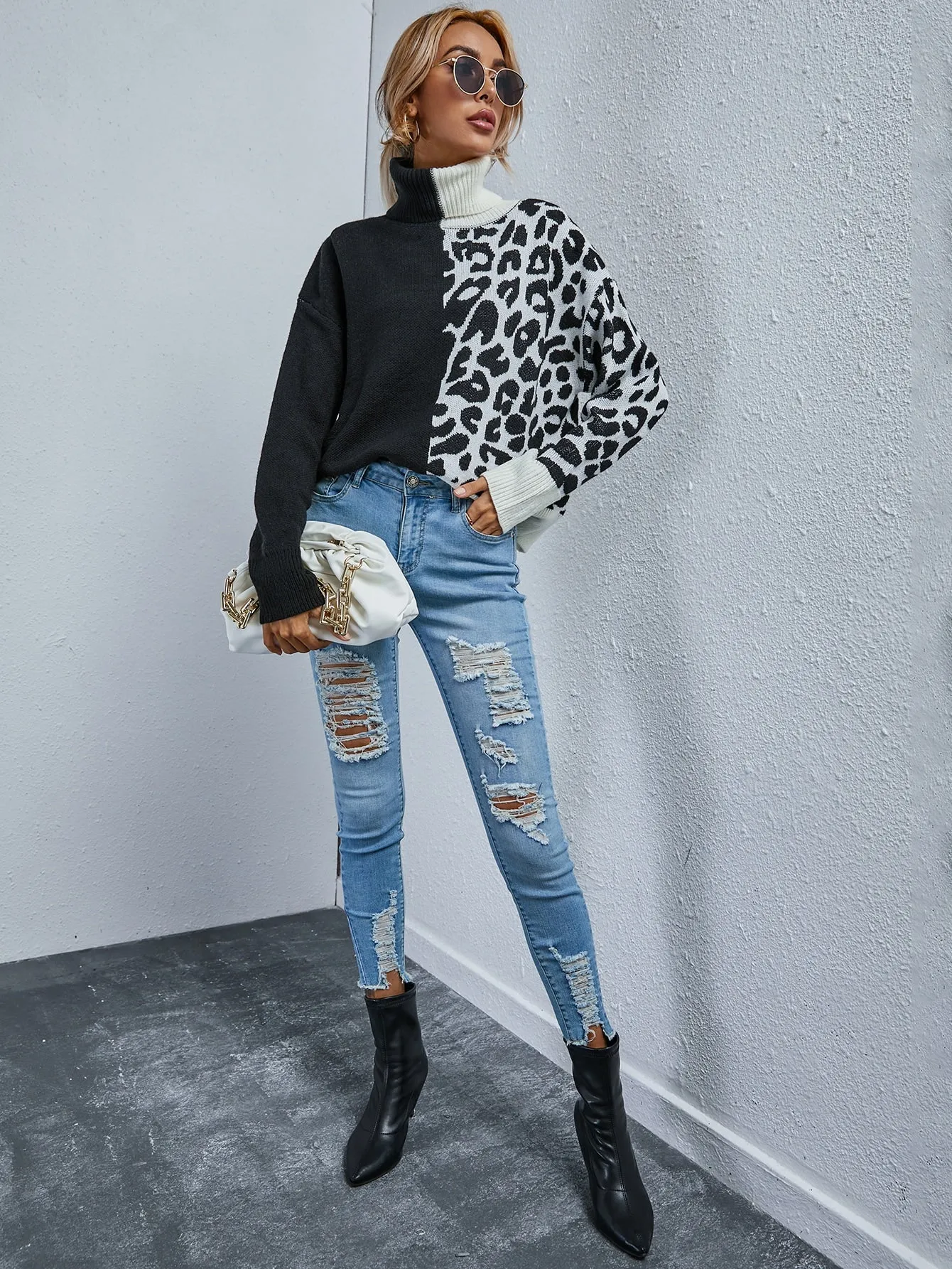 Casual Leopard Long Sleeve High Neck Regular Women Sweater