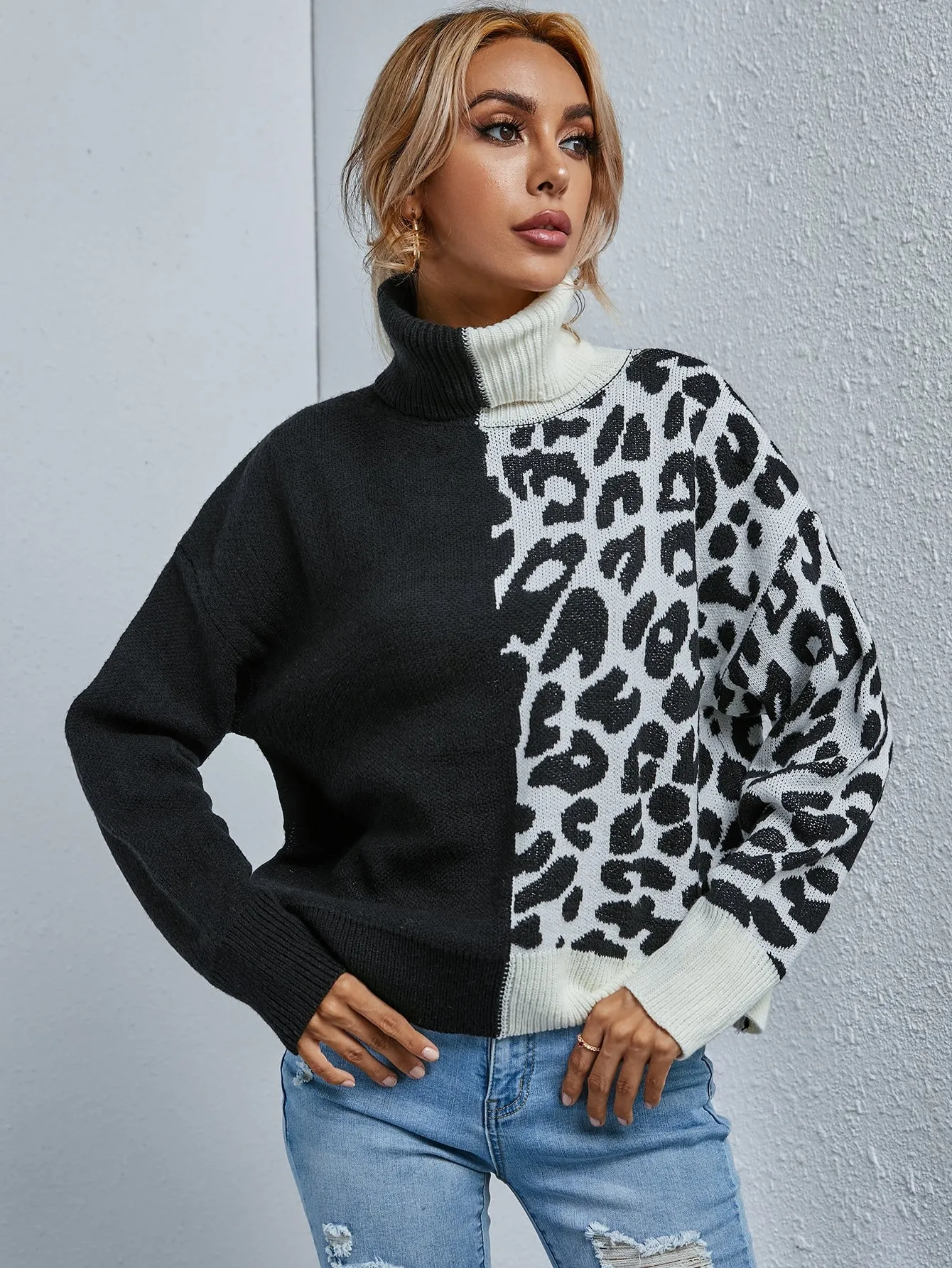 Casual Leopard Long Sleeve High Neck Regular Women Sweater