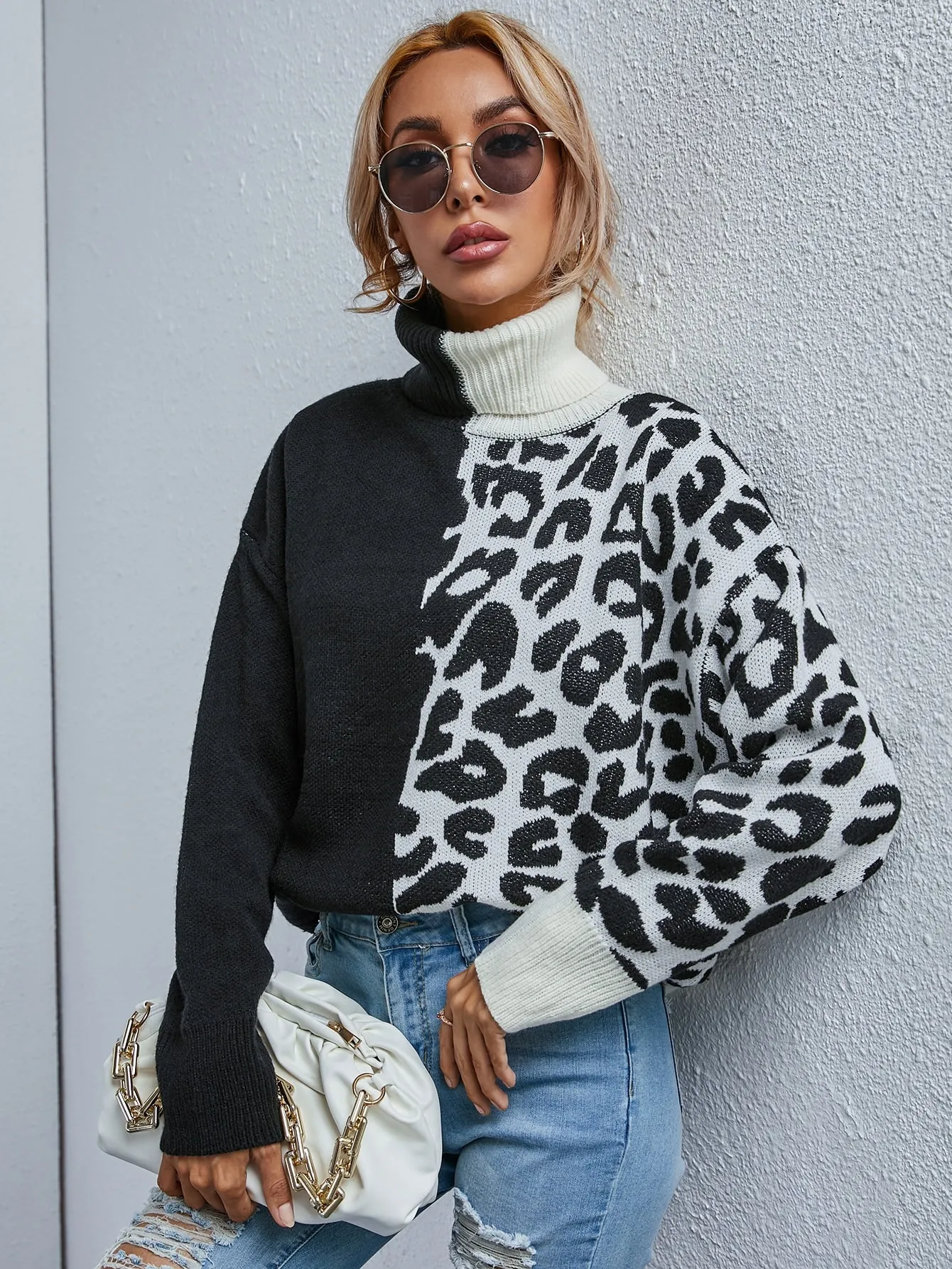 Casual Leopard Long Sleeve High Neck Regular Women Sweater