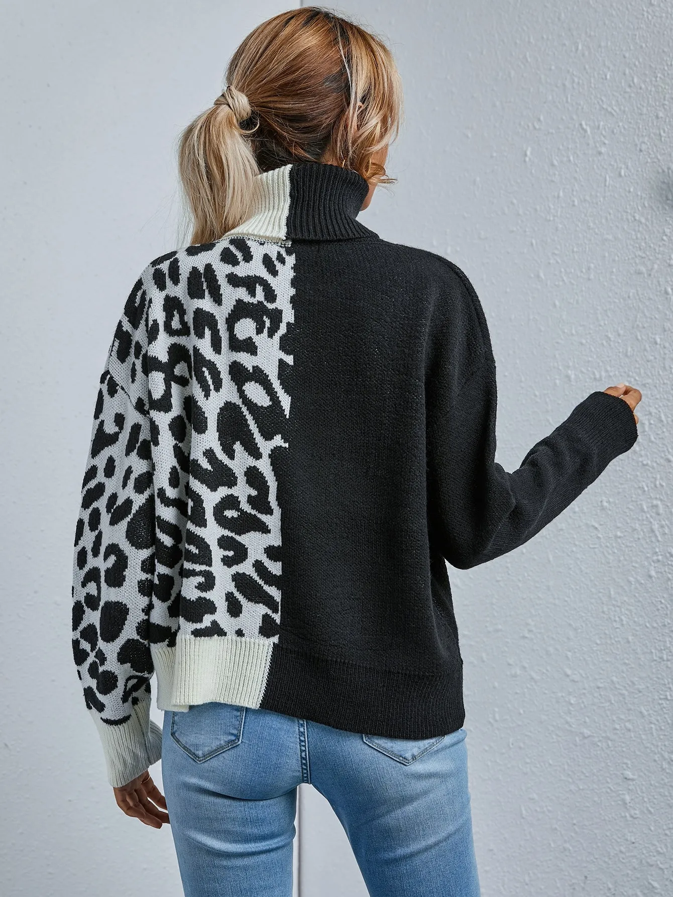 Casual Leopard Long Sleeve High Neck Regular Women Sweater