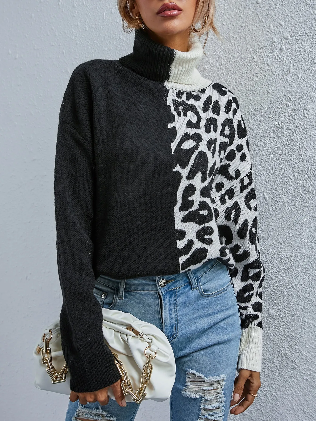 Casual Leopard Long Sleeve High Neck Regular Women Sweater