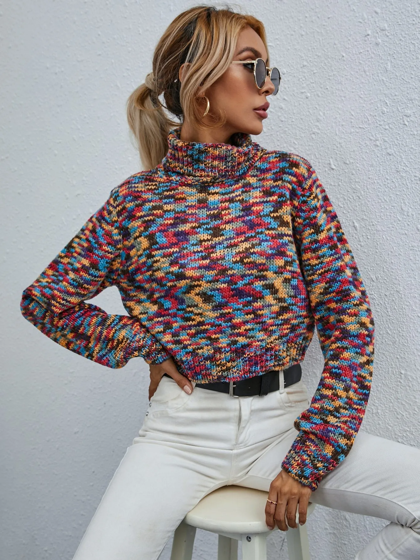 Casual Long Sleeve High Neck Crop Women Sweater