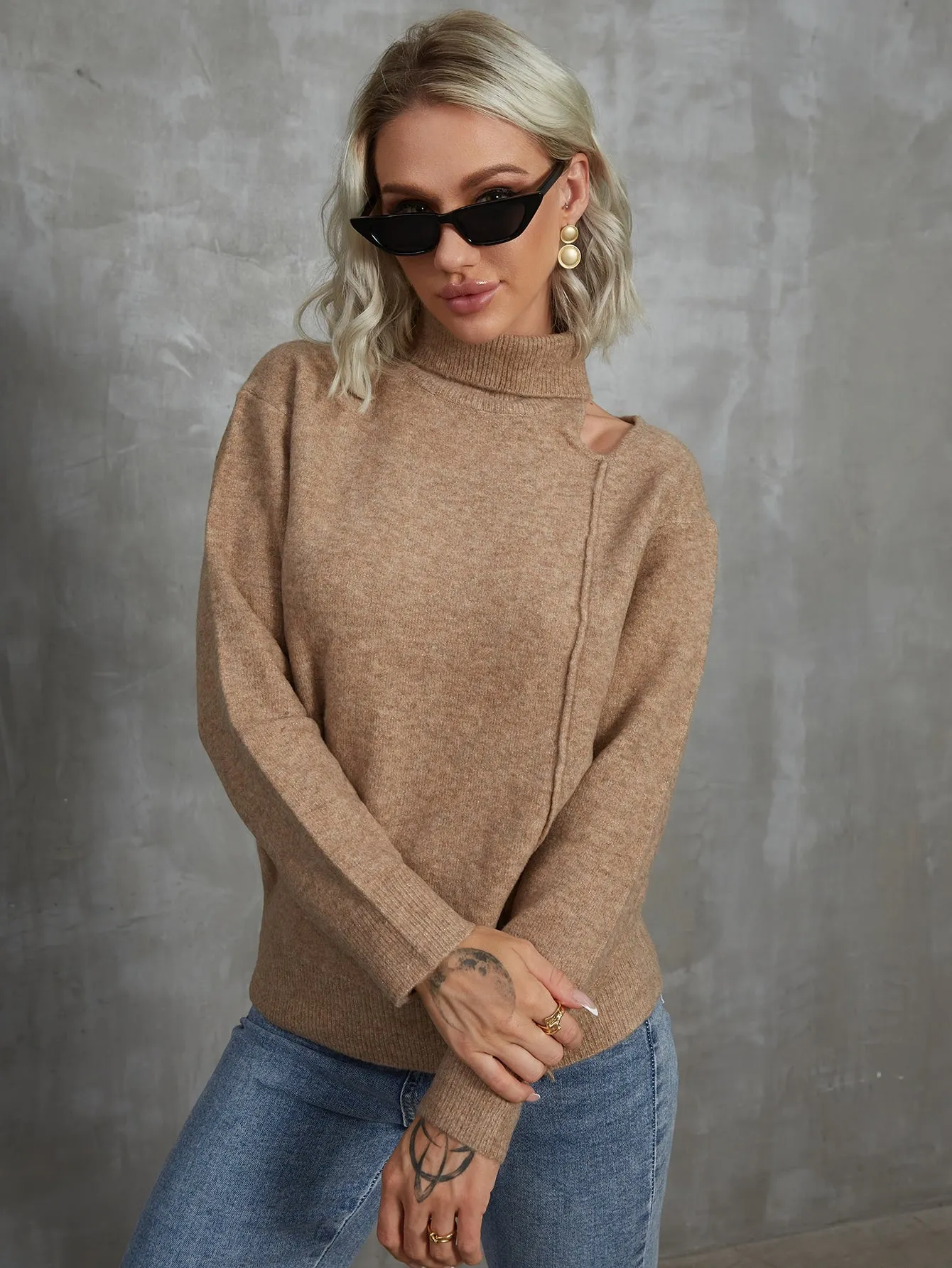 Casual Plain Cut Out Long Sleeve High Neck Regular Women Sweater