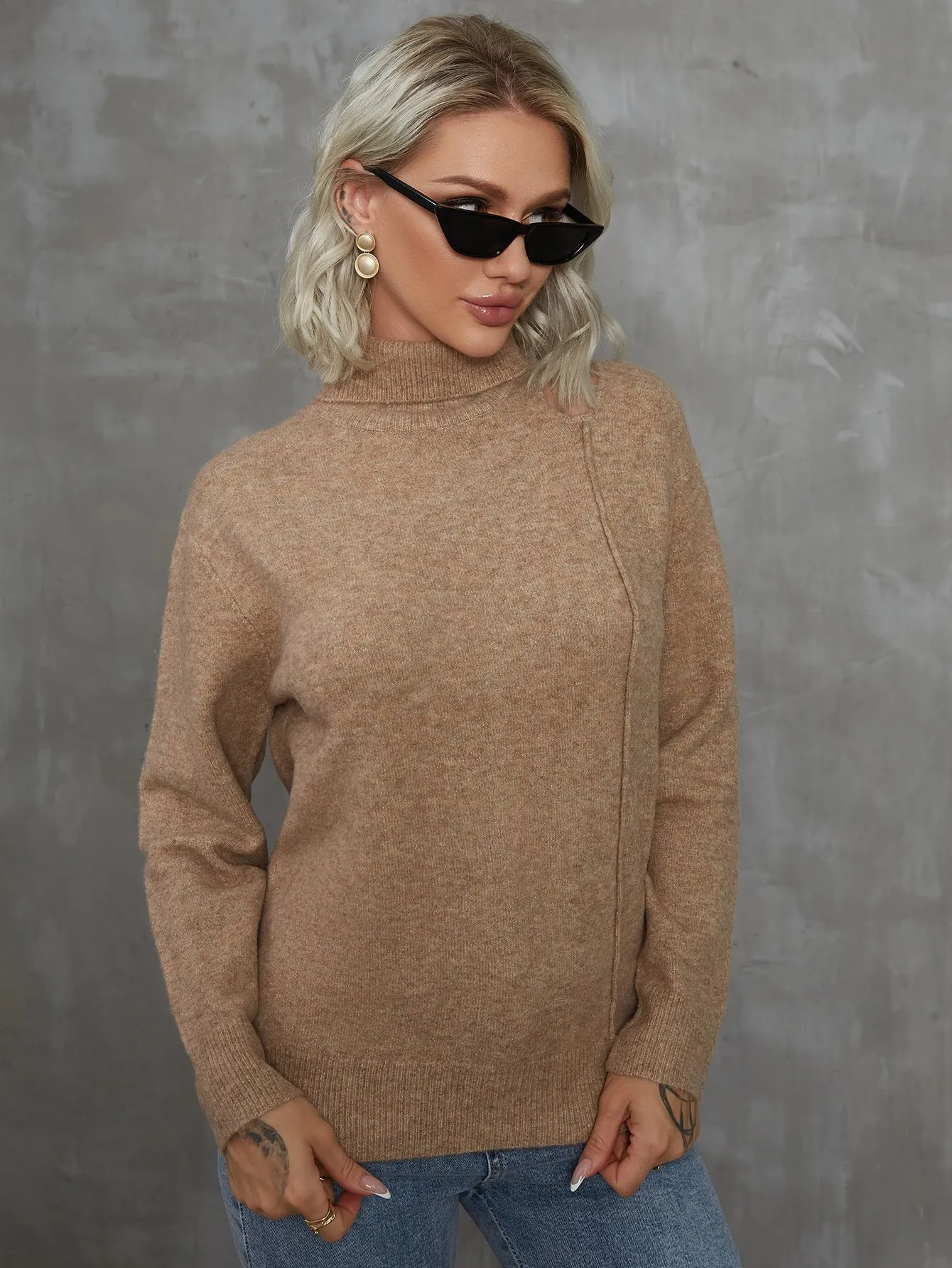 Casual Plain Cut Out Long Sleeve High Neck Regular Women Sweater