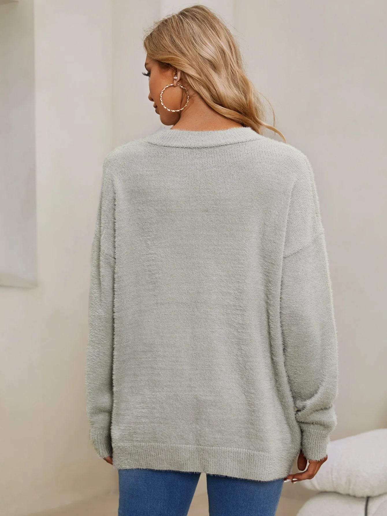 Casual Plain Cut Out Long Sleeve Keyhole Neckline Long Women Sweater