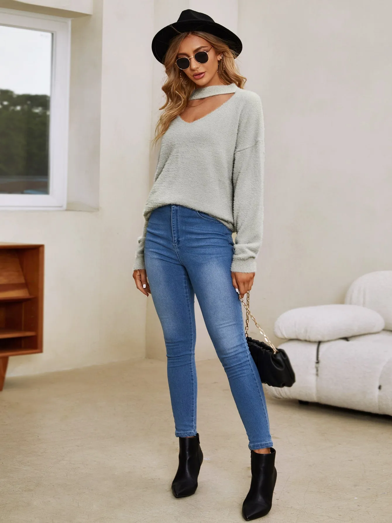 Casual Plain Cut Out Long Sleeve Keyhole Neckline Long Women Sweater