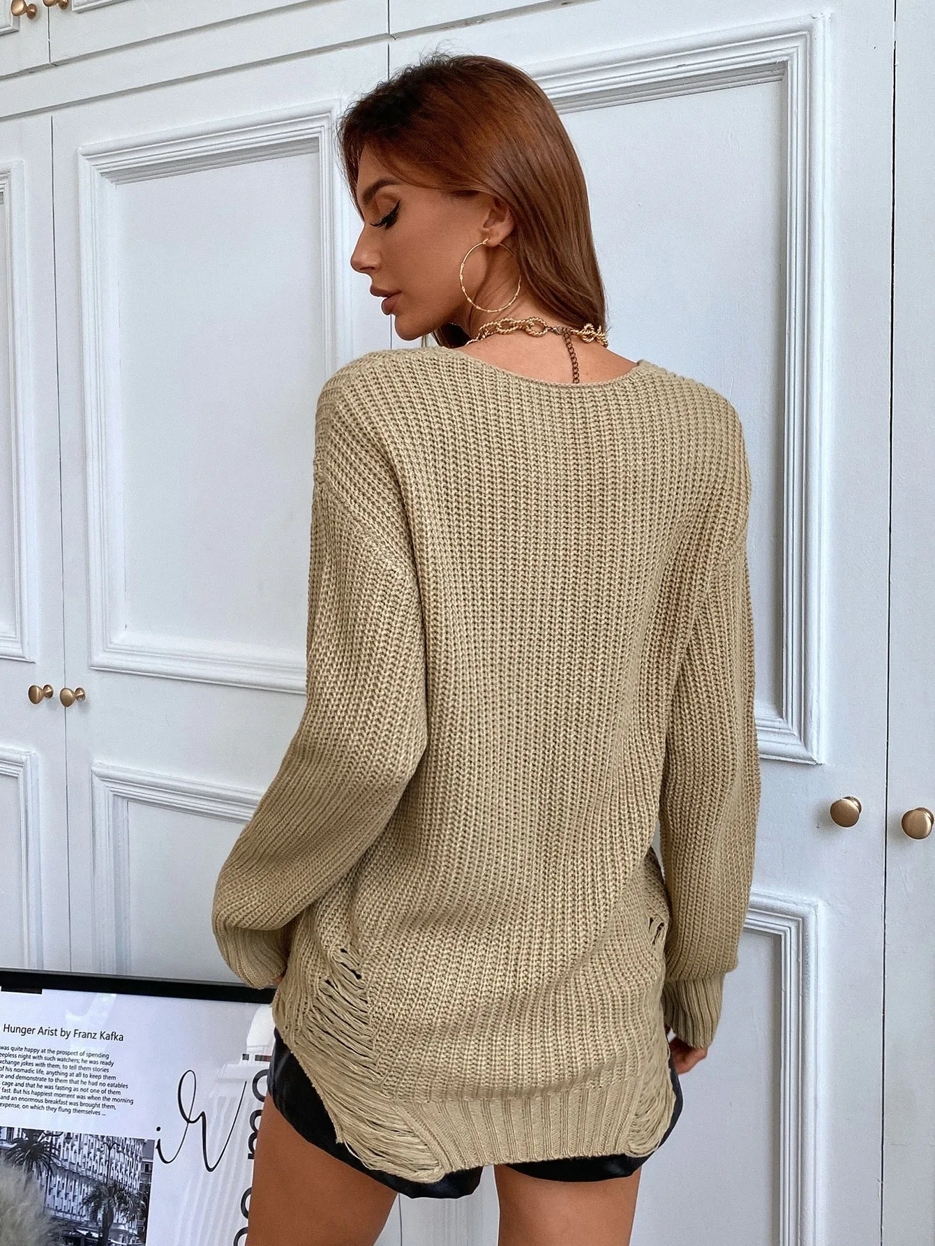 Casual Plain Ripped Long Sleeve V Neck Long Women Sweater