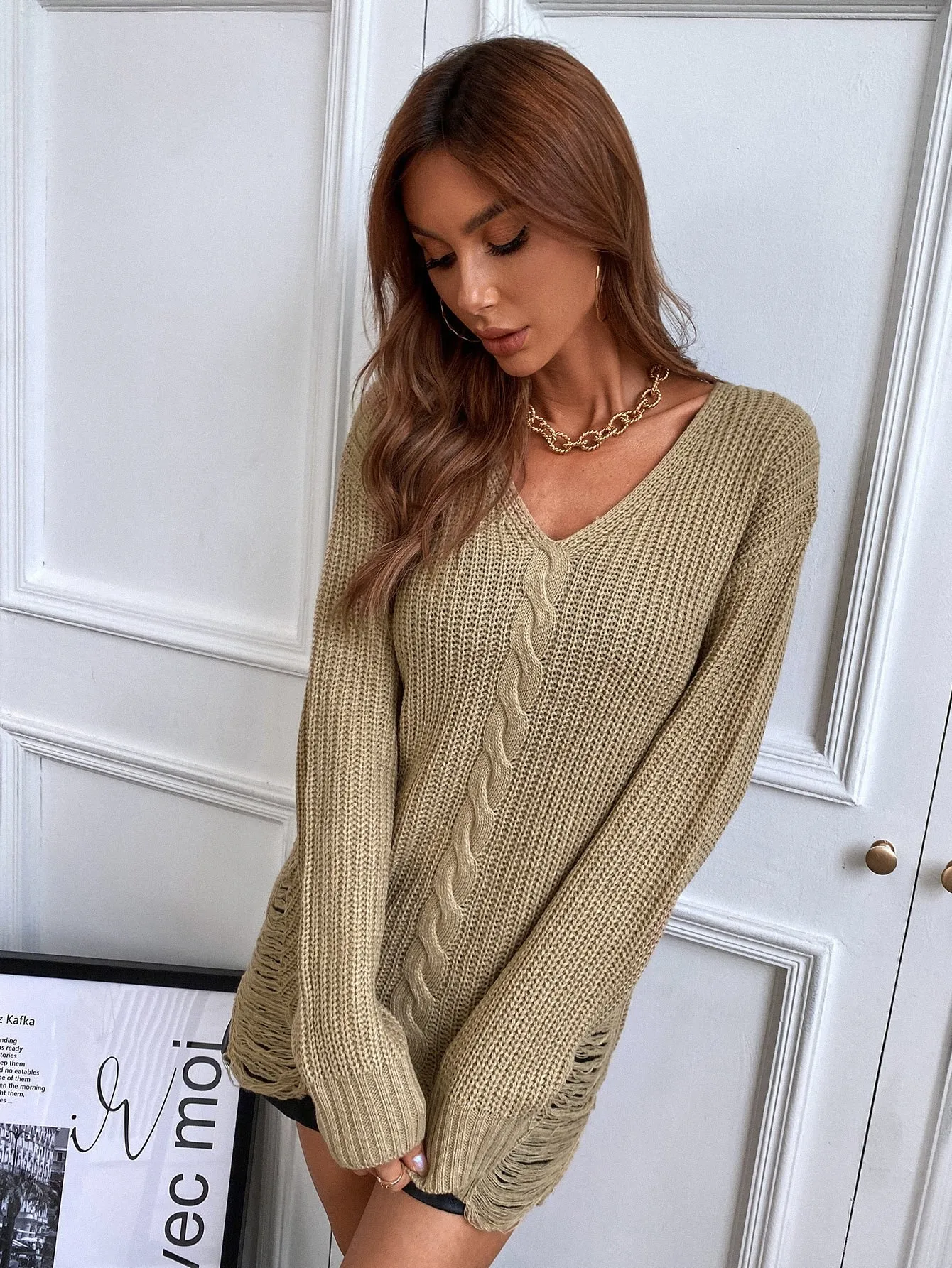 Casual Plain Ripped Long Sleeve V Neck Long Women Sweater