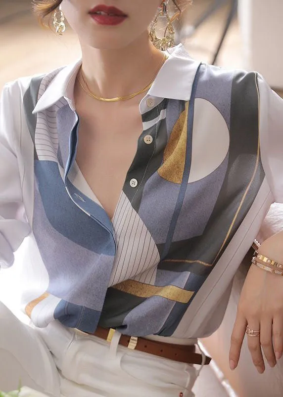 Casual White Print Button Patchwork Silk Shirt Tops Spring LY0379