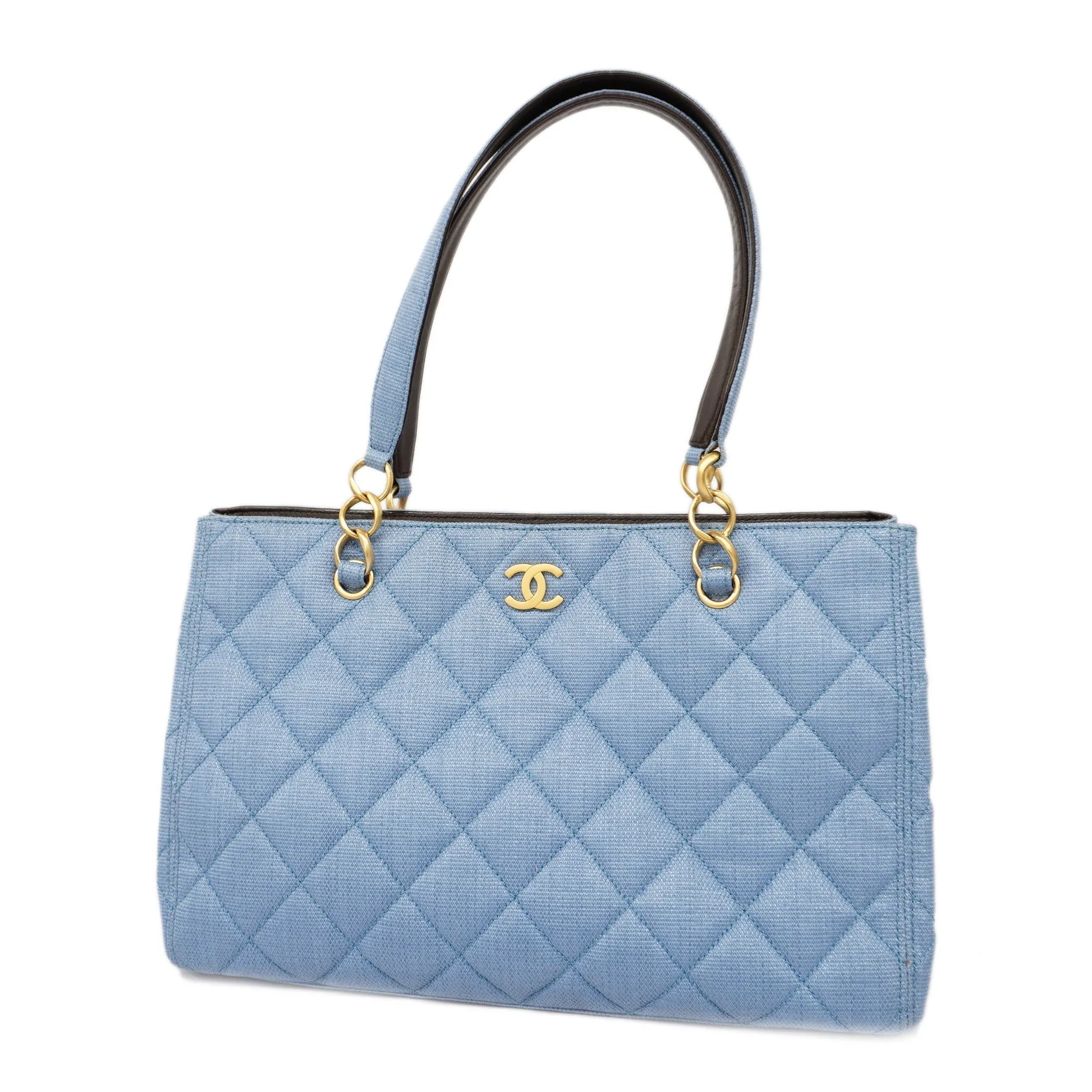 CHANEL  Matelasse Natural Women's Straw Tote Bag Blue