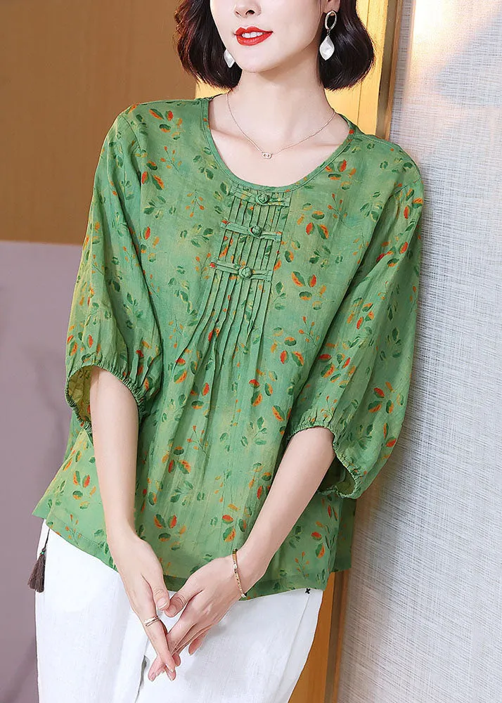 Chic Green O Neck Print Wrinkled Patchwork Linen T Shirt Tops Summer LY6896