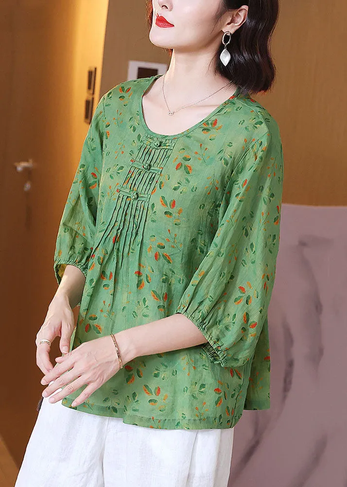 Chic Green O Neck Print Wrinkled Patchwork Linen T Shirt Tops Summer LY6896