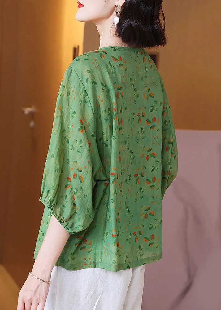 Chic Green O Neck Print Wrinkled Patchwork Linen T Shirt Tops Summer LY6896