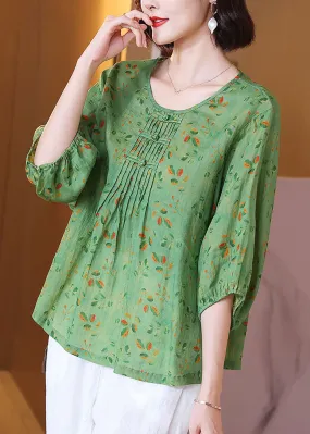 Chic Green O Neck Print Wrinkled Patchwork Linen T Shirt Tops Summer LY6896