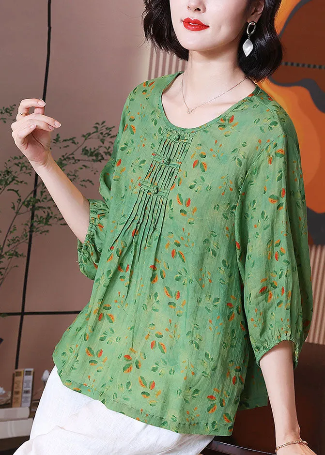 Chic Green O Neck Print Wrinkled Patchwork Linen T Shirt Tops Summer LY6896