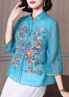 Chinese Style Blue Embroideried Patchwork Chiffon Blouse Tops Summer TP1042