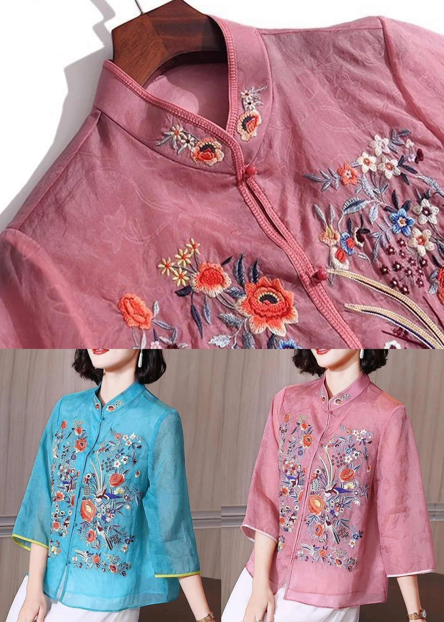 Chinese Style Blue Embroideried Patchwork Chiffon Blouse Tops Summer TP1042